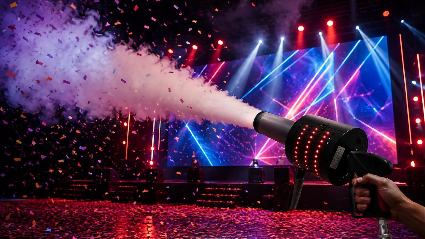 Pistola de confetti y CO2 disparando sobre la pista