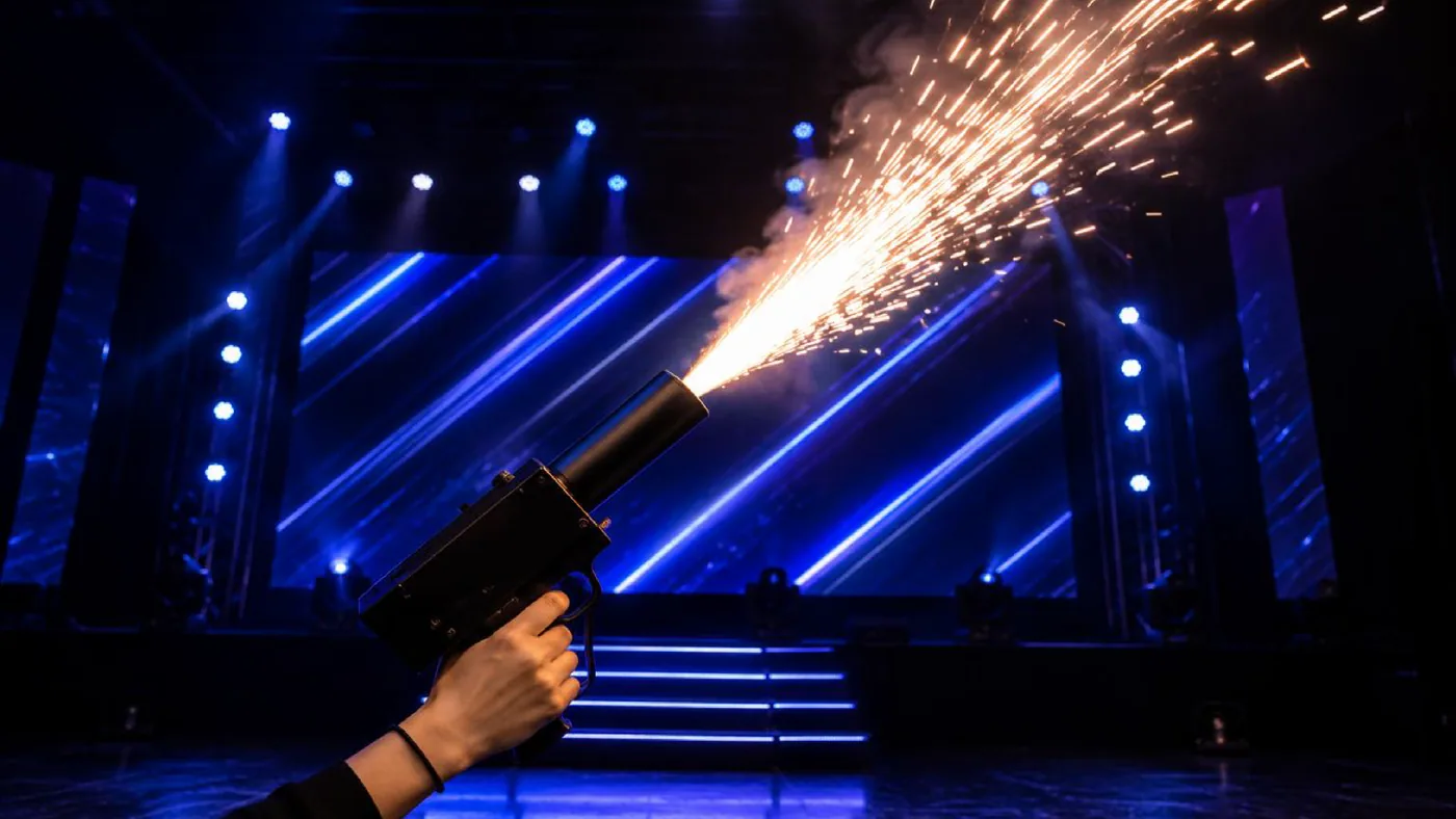 Pistola lanza chispas frías en mano
