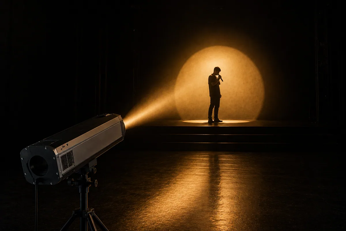 Cañón seguidor iluminando a un artista en el escenario
