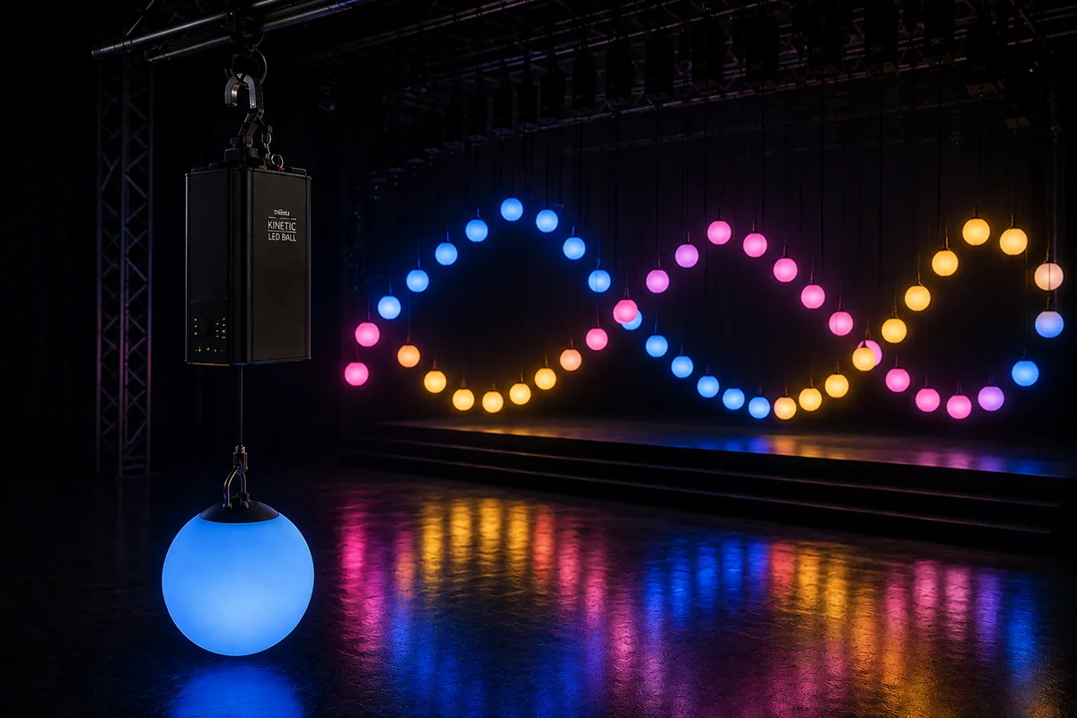 Esferas LED motorizadas formando una onda en el aire
