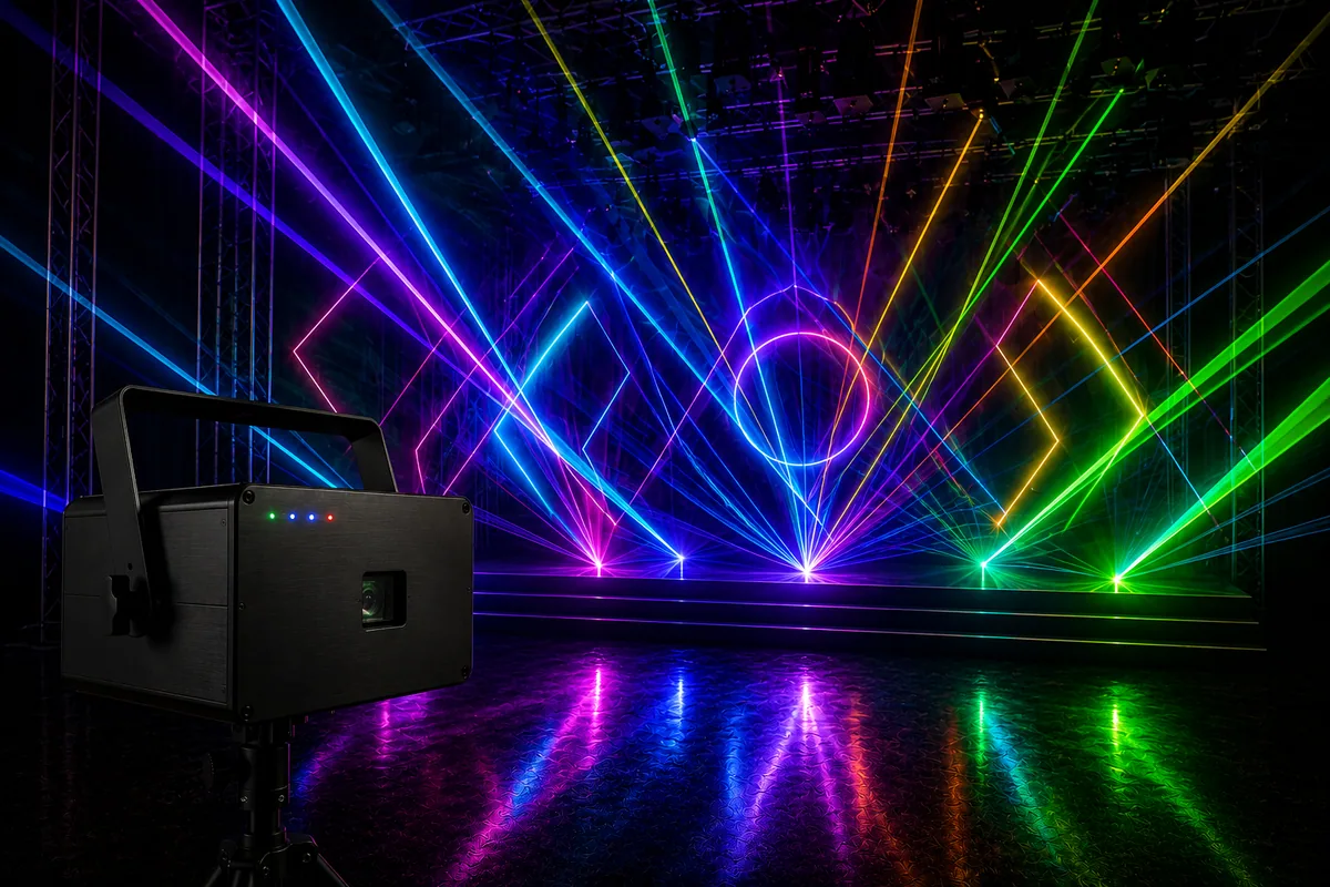 Lasers RGB cruzando el escenario con haces de color